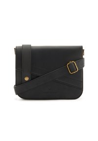 Schwarze Umhängetasche aus strukturiertem Material mit geometrischem Design, verstellbarem Tragegurt und Akzenten in goldenem Ton.