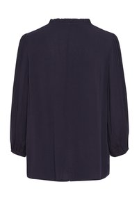 Navy blue blouse with a round neck, three-quarter puff sleeves, and a gathered back yoke. Made of lightweight fabric with a smooth texture.