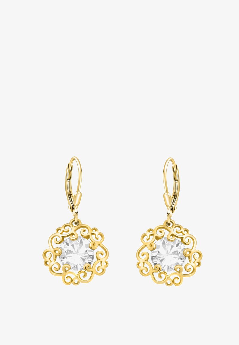 Boucles d'oreilles goutte en or avec un filigrane complexe entourant de grandes pierres précieuses rondes et transparentes, avec des fermoirs à levier pour un maintien sûr.