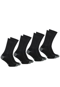 Chaussettes en coton noires de type crew présentant un design côtelé, avec des accents de talon et de orteil gris contrastants, proposées en ensemble de cinq paires.