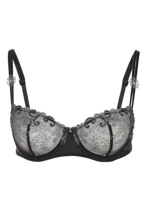 Black bra with sheer fabric and intricate gray embroidery. Features scalloped edges and decorative hardware on straps for added detail.