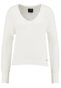 Biały wkładany sweter z szerokim dekoltem w serek, długimi rękawami i teksturowanym wzorem. Posiada prążkowane mankiety i dół, oznaczony metką z nazwą marki.