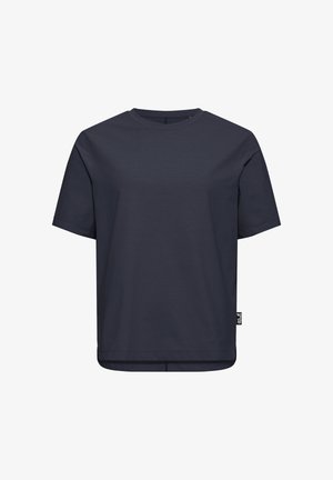 Dunkelmarineblaues T-Shirt mit kurzen Ärmeln, Rundhalsausschnitt und kleinem schwarzem Markenschild an der linken Seitennaht, dargestellt vor weißem Hintergrund.