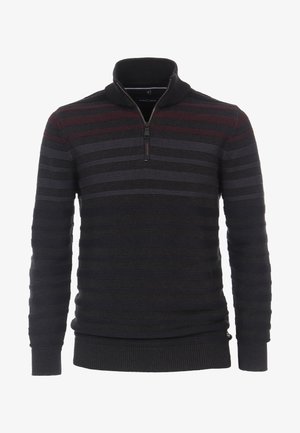 Men's black knit pullover sweater with red and gray horizontal stripes and a half-zip collar.