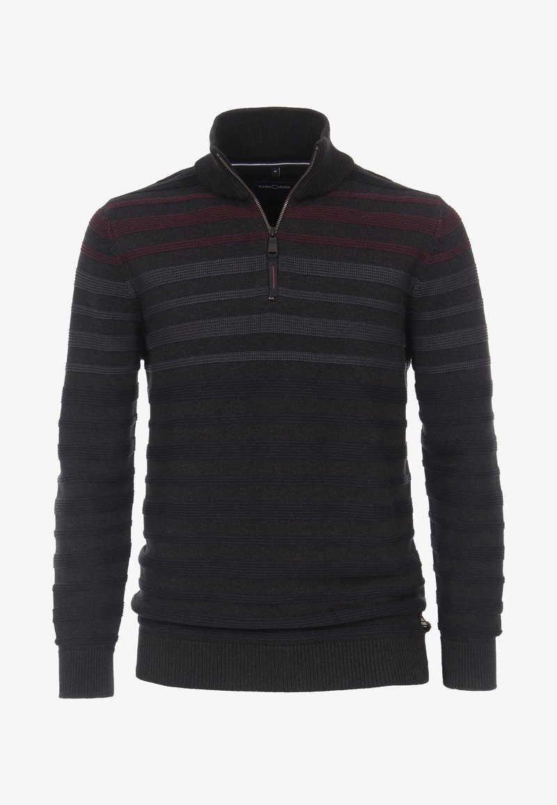 Pull-over en tricot noir pour homme avec des rayures horizontales rouges et grises et un col à demi-fermeture éclair.