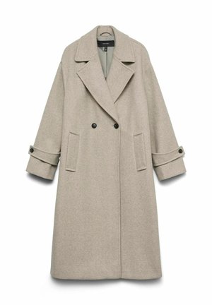Beige kabát z vlněné směsi s dvouřadým designem, velkými klopami, dvěma předními kapsami a zapínáním na knoflíky na manžetách. Hladká textura a délka po kolena.