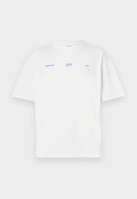 Weißes Baumwoll-T-Shirt mit kurzen Ärmeln. Mit blauem Drucktext und Logo auf der Vorderseite. Rundhalsausschnitt, lockere Passform.