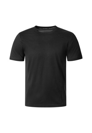 T-shirt nera a maniche corte con scollo rotondo, con un motivo testurizzato sottile di piccole iniziali del marchio ripetute sul tessuto.