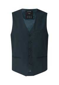 Donkerblauwe mannenvest met vijf zwarte knopen, één borstzak en twee heupzakken, met label "s.O PURE" aan de binnenkant van de kraag.
