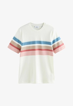 Bombažna majica v kremni barvi z vodoravnimi črtami v modri, roza in rjavi barvi. Krogličen izrez in kratki rokavi, gladka tekstura.