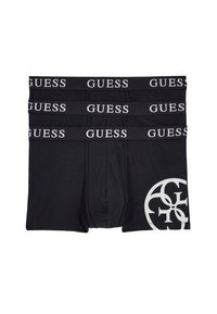 Boxeri negri cu talie elastică albă cu logo-ul "GUESS". Material moale, design ajustat și un grafic circular proeminent pe o latură. Set de trei.