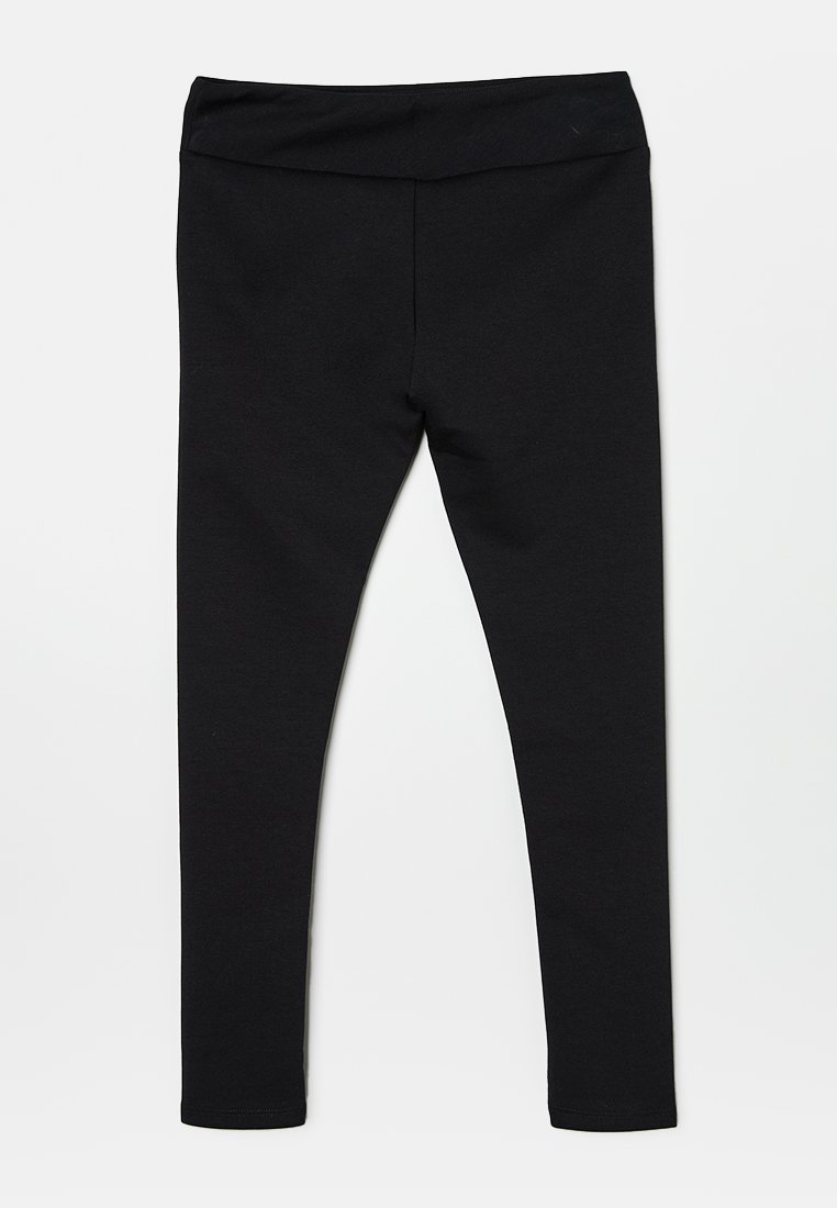 Schwarze Leggings aus einem dehnbaren Material, mit einem breiten, elastischen Bund und einer glatten Textur ohne sichtbare Hardware oder Muster.