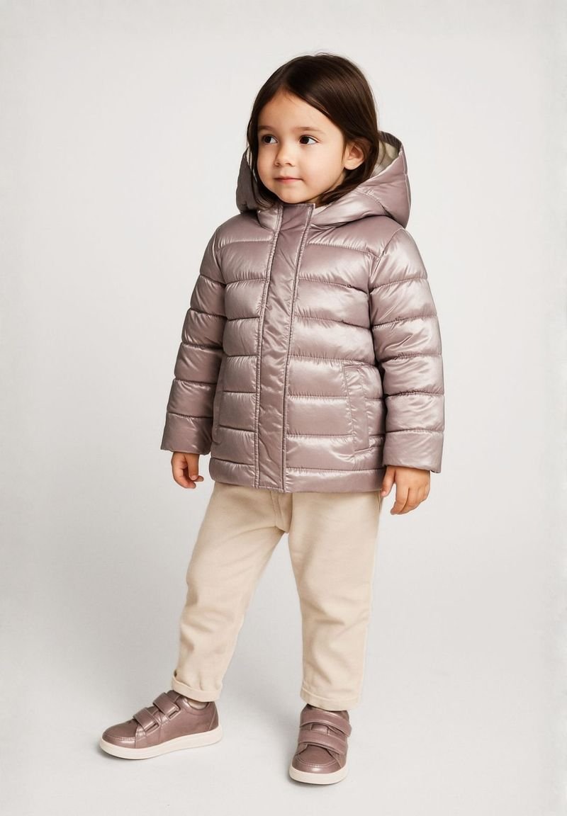 Kurtka puchowa w metaliczny jasny róż, z kapturem i pikowanym wzorem. Zestawiona z beżowymi spodniami i brązowymi sneakersami na pasku.