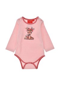 Striped pink long-sleeve bodysuit with red gingham trim, featuring a deer graphic adorned with flowers and the text "lainsmall." Snaps at the bottom.