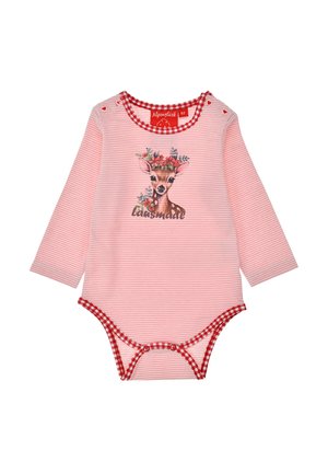 Gestreifter rosa Langarm-Body mit rotem Gingham-Besatz, versehen mit einer Hirschgrafik, die mit Blumen geschmückt ist, und dem Text "lainsmall". Druckknöpfe an der Unterseite.