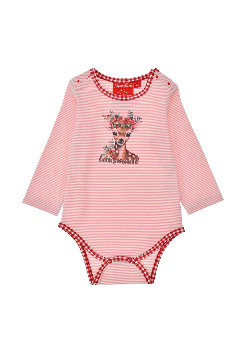 Striped pink long-sleeve bodysuit with red gingham trim, featuring a deer graphic adorned with flowers and the text "lainsmall." Snaps at the bottom.