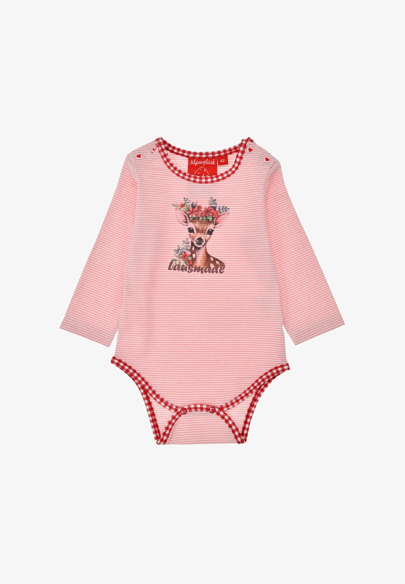 Striped pink long-sleeve bodysuit with red gingham trim, featuring a deer graphic adorned with flowers and the text "lainsmall." Snaps at the bottom.