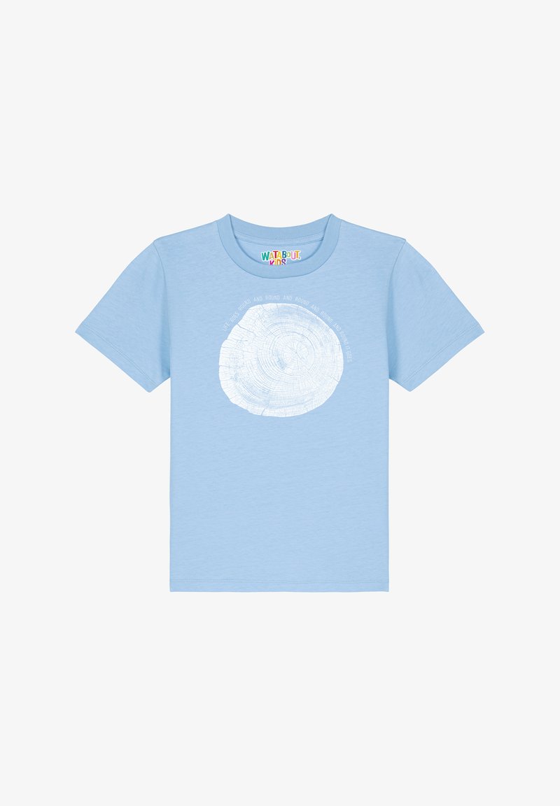 Lichtblauw katoenen T-shirt met in het midden een witte boomringgrafiek en tekst rondom het ontwerp. Korte mouwen en een standaard ronde hals.