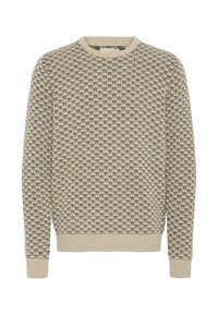 Suéter beige con un patrón texturizado, cuello redondo y puños acanalados. Confeccionado en un material de punto suave.