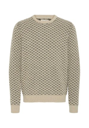Beige genser med strukturert mønster, rund hals og ribbestrikket mansjetter. Laget av et mykt strikket materiale.
