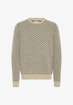 Beige sweater featuring a textured pattern, round neckline, and ribbed cuffs. Constructed from a soft knit material.