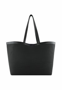 Sac fourre-tout noir avec un corps en tissu texturé, des accents en cuir noir lisse et deux longues anses solides avec un bord supérieur ondulé.