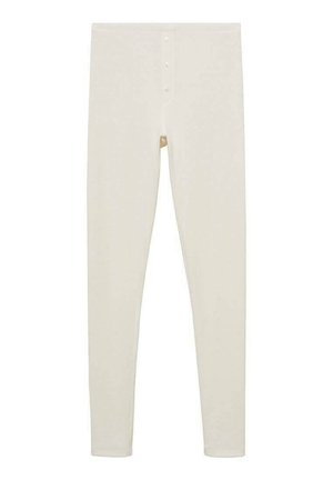 Leggings beige clair en tissu doux, dotés d'un design ajusté avec une fermeture à bouton à la taille et sans motifs visibles.