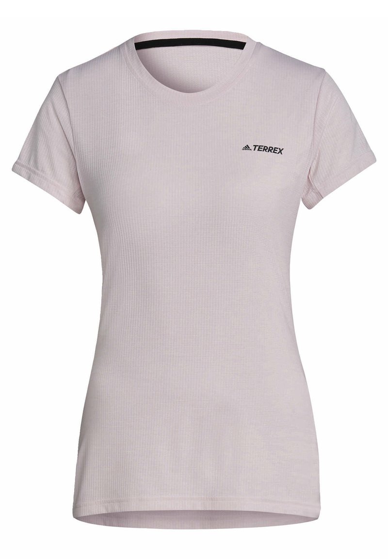 Helles rosa, kurzärmliges Sport-T-Shirt mit Rundhalsausschnitt, gerippter Textur und schwarzem "TERREX"-Logo auf der oberen linken Brust.