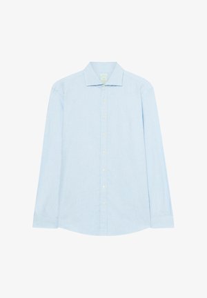 Himmelblaues Langarmhemd aus Baumwolle. Verfügt über einen klassischen Kragen und eine durchgeknöpfte Vorderseite, mit einem abgerundeten Saum und geknöpften Manschetten.