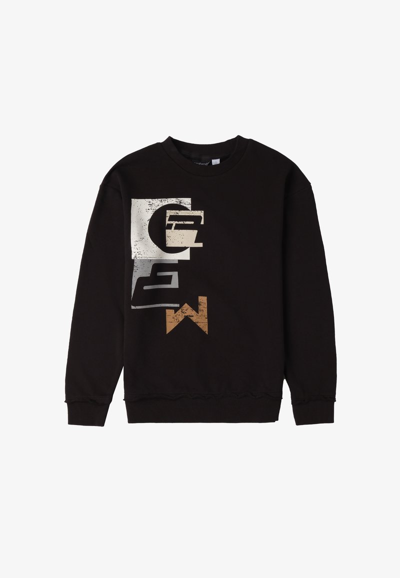 Felpa nera con una grafica frontale caratterizzata da lettere testurizzate bianche, grigie e marroni. Maniche lunghe, scollatura rotonda, polsini e orlo a coste.