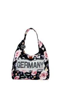 Bloemen schoudertas met een zwarte achtergrond, roze rozen en een witte rechthoekige patch met het label "GERMANY ORIGINAL." Zacht materiaal en een gebogen handvat.