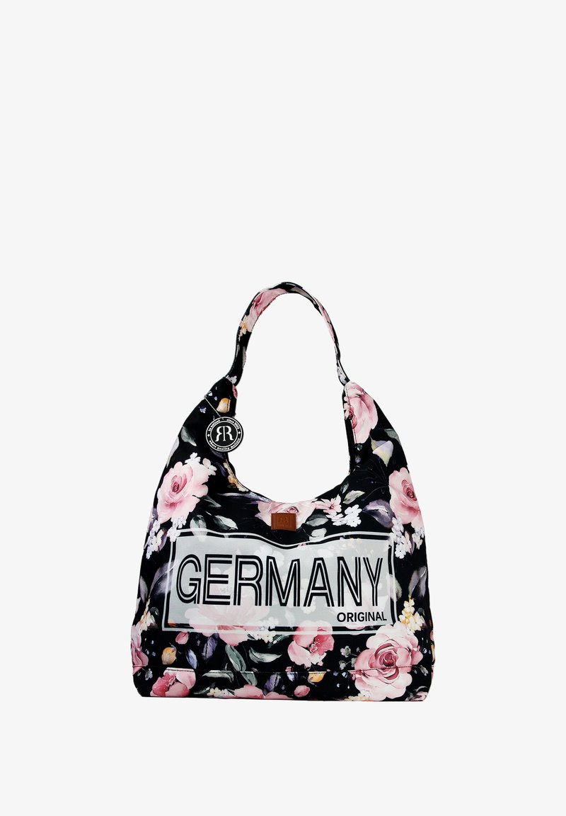 Sac à épaule floral avec un fond noir, des roses roses et un patch rectangulaire blanc portant la mention "GERMANY ORIGINAL". Matériau doux et poignée courbée.