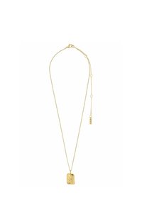 Guldtonad hängande halsband med en rektangulär, texturerad hängare och en tunn kedja med justerbar längd och liten accentstång.