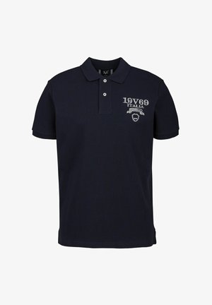 Marineblauwe polo met een kraag met drie knopen, korte mouwen en een geborduurd "19V69 ITALIA" embleem op de linkerbovenborst. Gemaakt van katoen.
