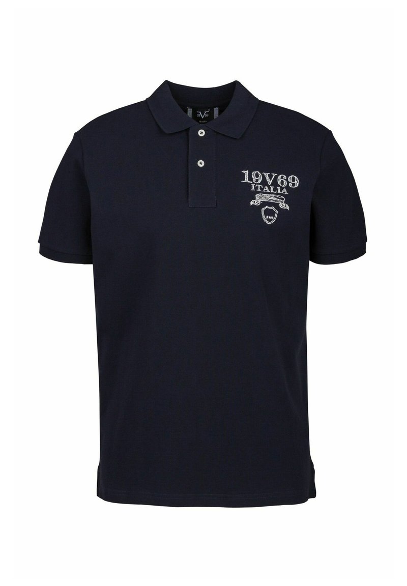 Marineblauwe polo met een kraag met drie knopen, korte mouwen en een geborduurd "19V69 ITALIA" embleem op de linkerbovenborst. Gemaakt van katoen.
