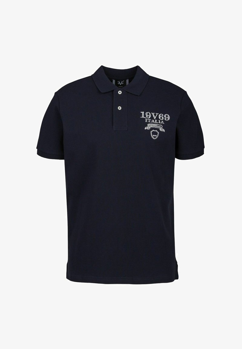 Marineblauwe polo met een kraag met drie knopen, korte mouwen en een geborduurd "19V69 ITALIA" embleem op de linkerbovenborst. Gemaakt van katoen.
