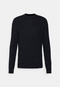 Schwarzer langärmeliger Pullover mit Rundhalsausschnitt, aus einem strukturierten, gesprenkelten Stoff. Mit gerippten Bündchen und Saum sowie einem lässigen Schnitt.