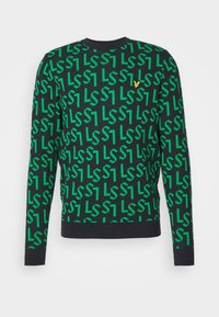 Maglione verde con motivo a stampa "LS" su sfondo nero. Presenta un collo rotondo e maniche lunghe. Tessuto a maglia morbido.