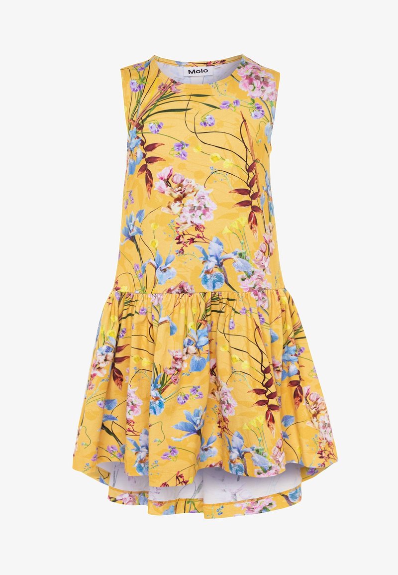 Robe jaune sans manches avec ourlet froufroutant, ornée d’un imprimé floral multicolore comprenant des fleurs bleues, roses et violettes ainsi que des feuilles vertes.
