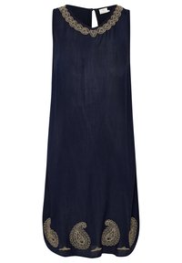 Marineblaue Tunika-Kleid mit Rundhalsausschnitt, verziert mit goldenen Paisleymustern am Saum und einem Knopfdetail am Rücken. Hergestellt aus leichtem Stoff.