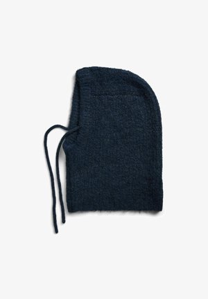 Cappuccio in lana di un blu navy scuro con una finitura testurizzata, dotato di una parte superiore arrotondata e due legami regolabili sui lati per una vestibilità sicura.