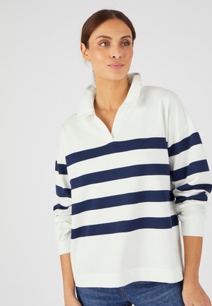 Witte lange mouwen polo met marineblauwe horizontale strepen, met een collared halslijn en geribbelde manchetten, gemaakt van zachte katoen.