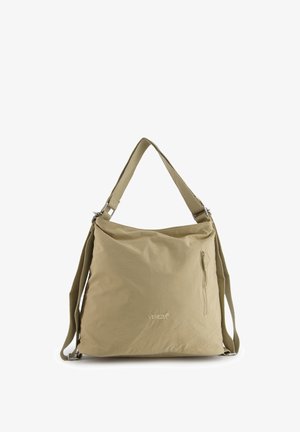 Beige blød skuldertaske i stof med justerbare remme og en lille lodret lynlåslomme foran, mærket med "Venezia" logo.