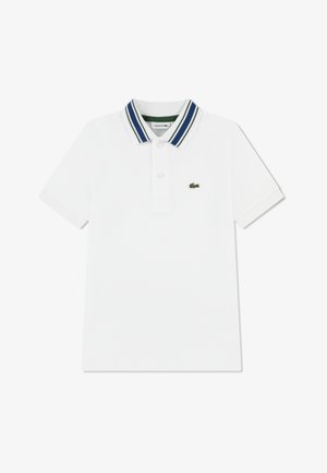 White polo shirt featuring a two-color striped collar in navy and green. Lacoste logo embroidered on the left chest. Short sleeves.