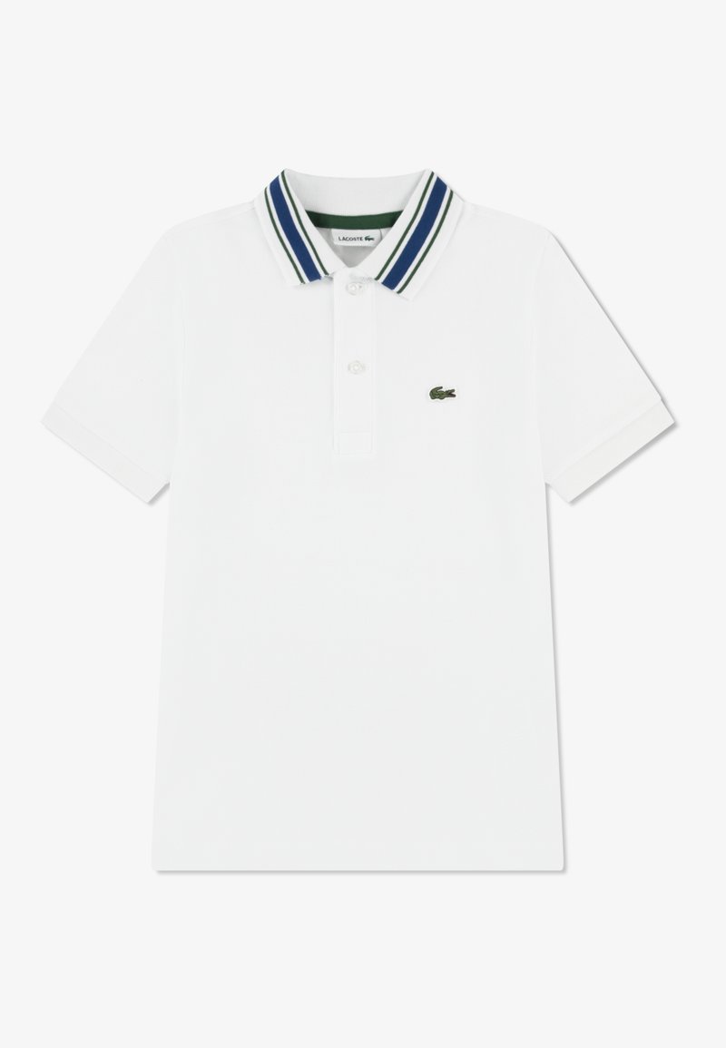 White polo shirt featuring a two-color striped collar in navy and green. Lacoste logo embroidered on the left chest. Short sleeves.