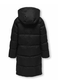 Svart vadderad vinterjacka med huva, med en quiltad design, långa ärmar och sidoflikar för rörlighet. Slät yta.