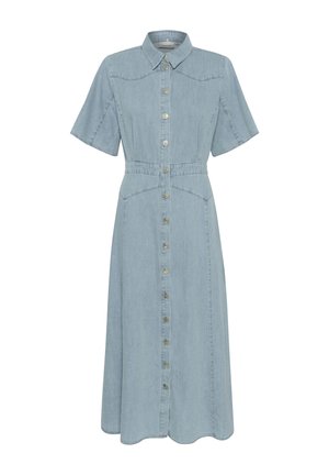 Svetlo modra denim obleka s kratkimi rokavi, ovratnikom in gumbi spredaj. Ima oblikovano pas in razširjen krilo. Mehka tekstura.