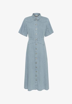 Svetlo modra denim obleka s kratkimi rokavi, ovratnikom in gumbi spredaj. Ima oblikovano pas in razširjen krilo. Mehka tekstura.