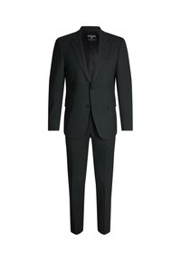 Zwarte pak gemaakt van gladde stof, met een colbert met twee knopen, notch revers en broek met vlakke voorkant. Getailleerde pasvorm zonder zichtbare patronen.