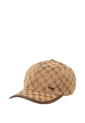 Brown patterned cap with a textured fabric, featuring a curved brim and a shiny brown accent on the visor. Brown logo tag visible.